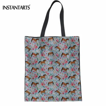 

INSTANTARTS Casual Women Cotton Shopping Bags Cool Animal Arabian Horse Flower Pattern Recycling Bags Female Multi-function Bag