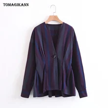 2017 Autumn Vintage Wrinkled Contrast Striped Women Blouse shirts V Neck Single Button Long Sleeve femininas blusas Tops
