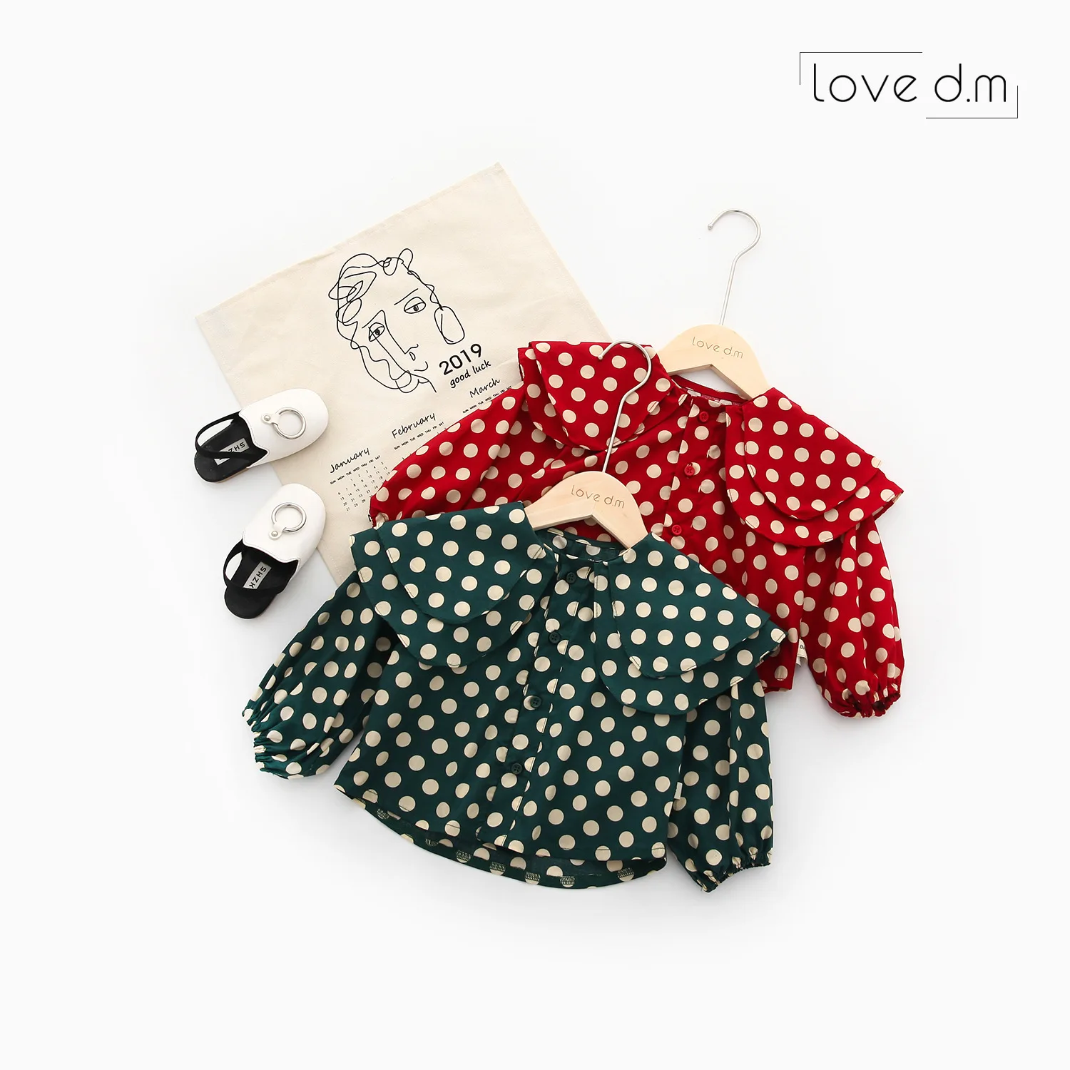 

WLG family matching clothes mother and daughter dot printed shirts red green long sleeve peter pan collar shirt