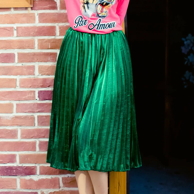 

Cheap Price HIGH QUALITY Women's Elegant Fashion Pleated Green Skirt High Waist All Match Plus Size XXXL Midi Skirts Saia Female