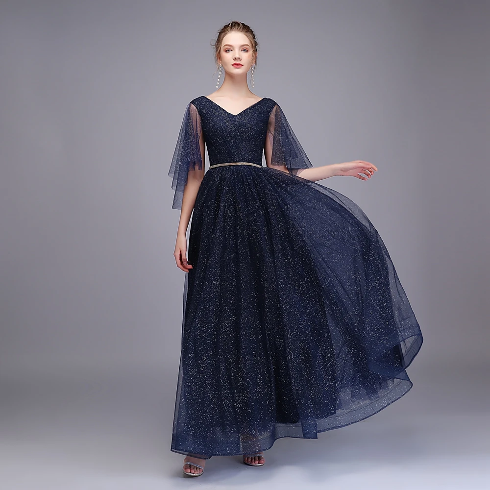 SSYFashion новый простой вечернее платье v-образным вырезом длиной до пола блестящие элегантные Темно-синие вечерние нестандартного Вечерние