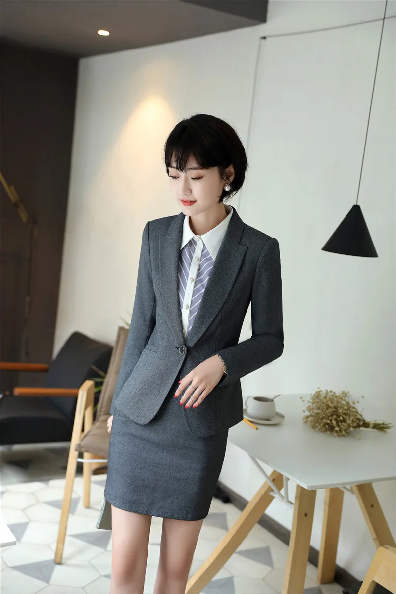 Formal Gray Blazers Skirt Suits Business Women Work Wear Suits With