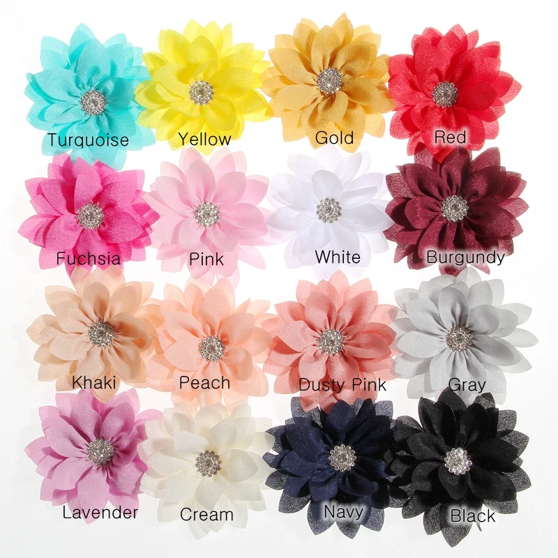 5PCS 8.5CM 3.4inch Lotus Chiffon Flowers With Button For Girls Headbands Artificial Fabric Flower For Hair Accessories