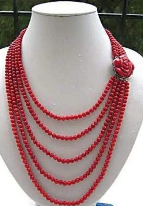 

Wedding Woman Jewelry 5 Rows 6mm Red Coral Bead Necklace Rose Flower Clasp Handmade Charm