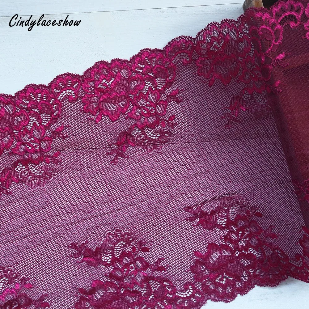 

25cm Wide 1Yard Dark Purple Red Soft Elastic Bilateral Flower Lace Trim DIY Embroidered Lace Trimmings Dress Sewing Fabric LA185