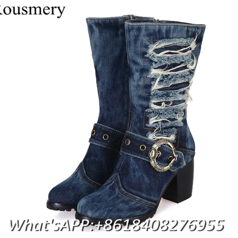 British Style Fashion Warm Winter Denim Boots Women Mid-Calf High Boots Chunk Heels Biker Boots Round Toe High Heels Short Plush