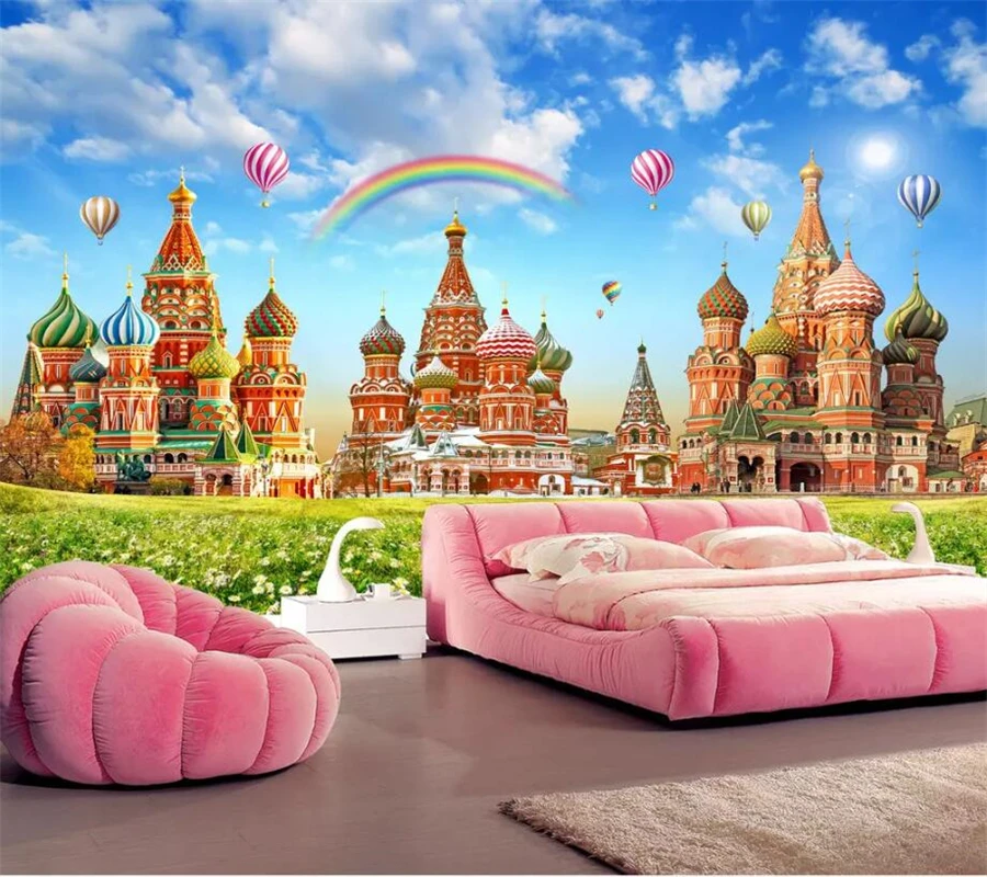 

beibehang Custom Wallpaper 3d Photo murals Dream Castle HD Children Room Rainbow Hot Air Balloon TV Background Wall paper mural