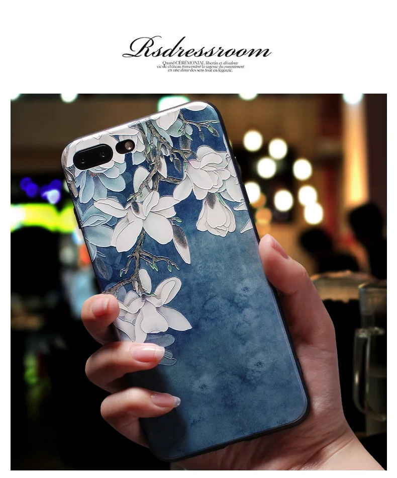 

Applicable to iphone 7 case 8 XR XMAX mobile phone shell painted embossed blue camellia TPU soft plastic drop protection sleeve
