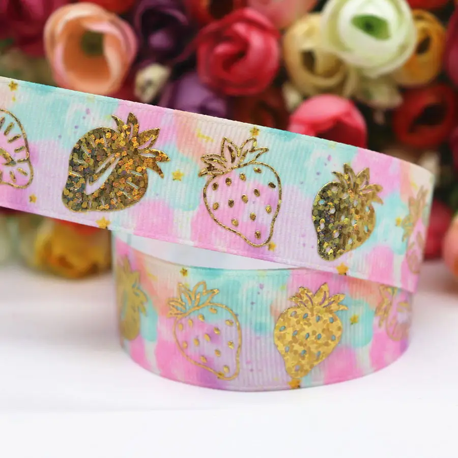 

5 Yards Grosgrain Ribbon Gold Strawberry Printed Ribbon 1" 25MM For Hair Bows DIY Crafts Handmade Accessories M19051401