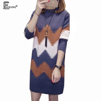 

Winter Pullovers Sweaters Hot Sales Women Fashion Long Sleeve Casual Printed O Neck Striped Knitted Sweater Dress Tunic 10323