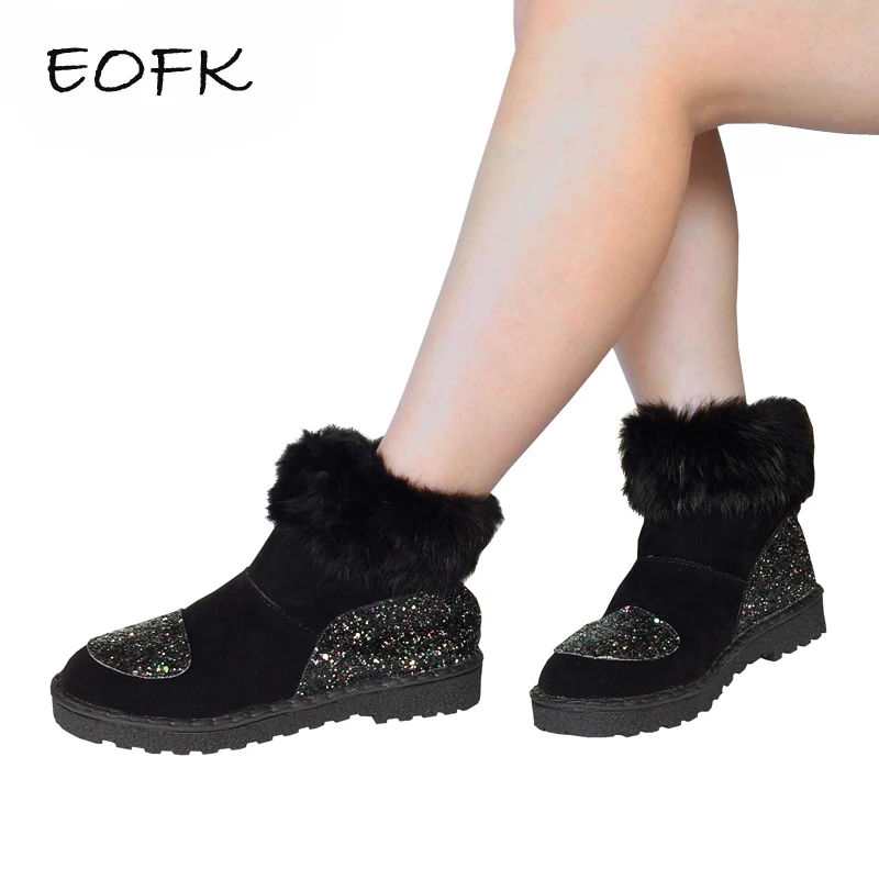 

EOFK Women Ankle Boots With Short Plush Women's Casual Boots Warm Winter Shoes Woman New Fashion Shinny Bling Lady Shoes Female