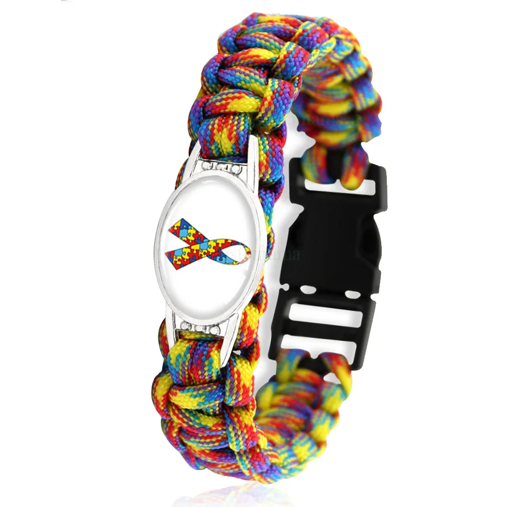 لغز قطعة التوحد الوعي أساور الأمل الملونة 25*18mm الزجاج كابوشون بقاء Paracord سحر أساور الرجال النساء مجوهرات