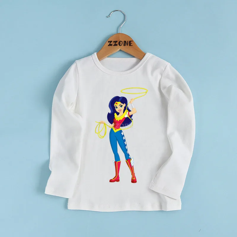 Забавная Повседневная футболка для маленьких девочек Милая футболка с рисунком чудо-женщины детская удобная одежда с длинными рукавами LKP5211