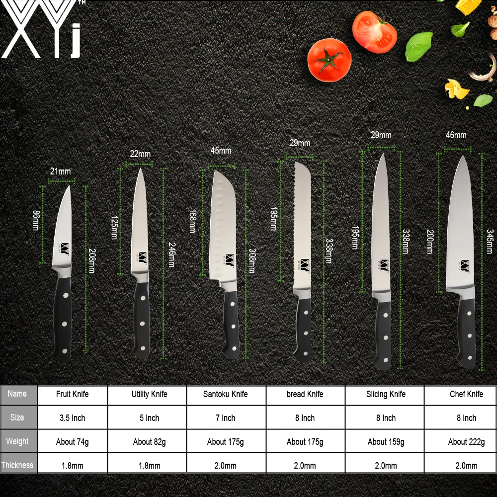 XYj, полный набор кухонных ножей Santoku для нарезки хлеба, шеф-повара, набор кухонных ножей из нержавеющей стали, инструменты для приготовления овощей и мяса