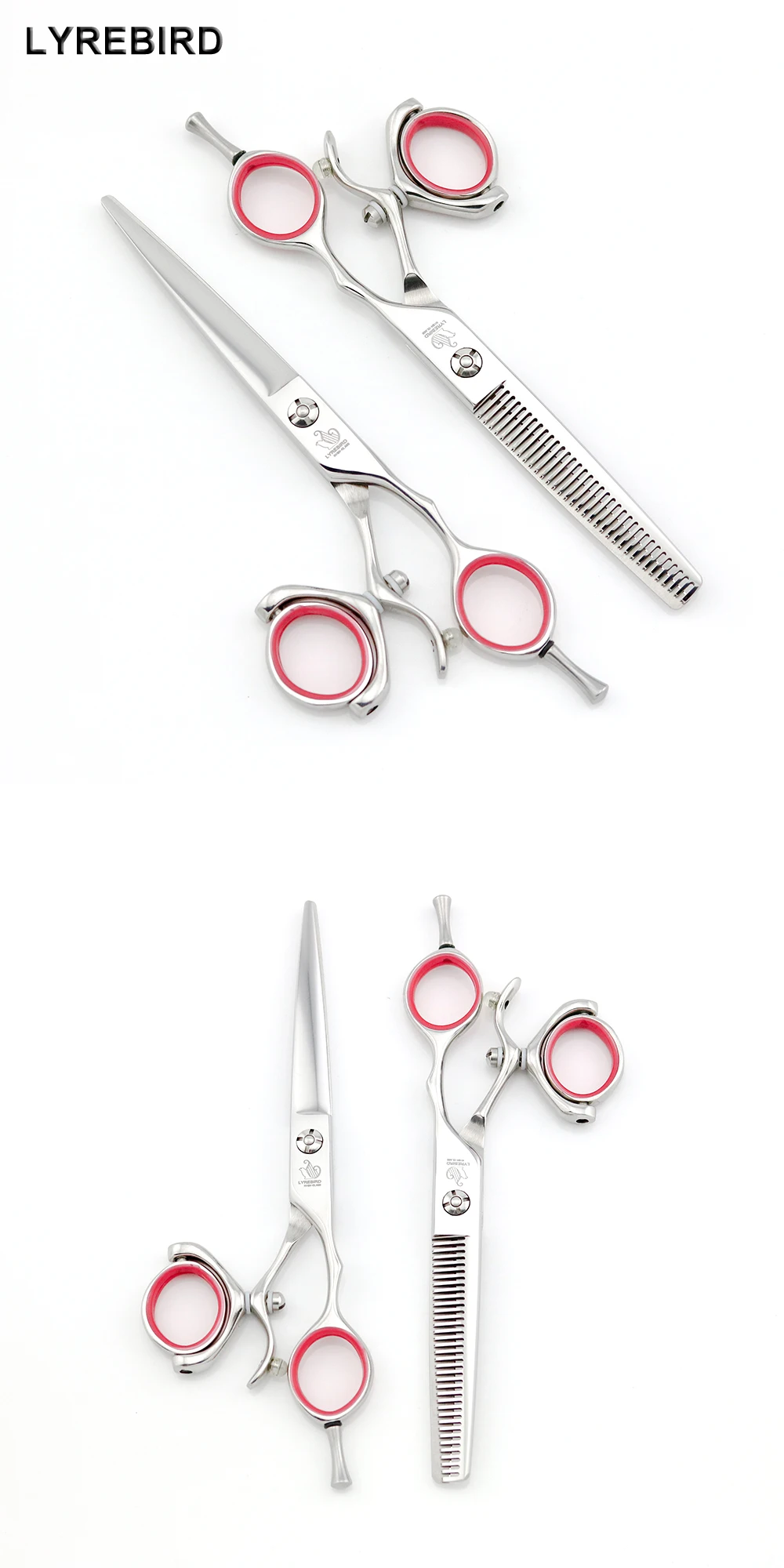 Профессиональные ножницы для волос 5,5 дюймов 6 дюймов Серебристые 360 поворотные ручки для большого пальца Парикмахерские ножницы Lyrebird высокого класса Новинка