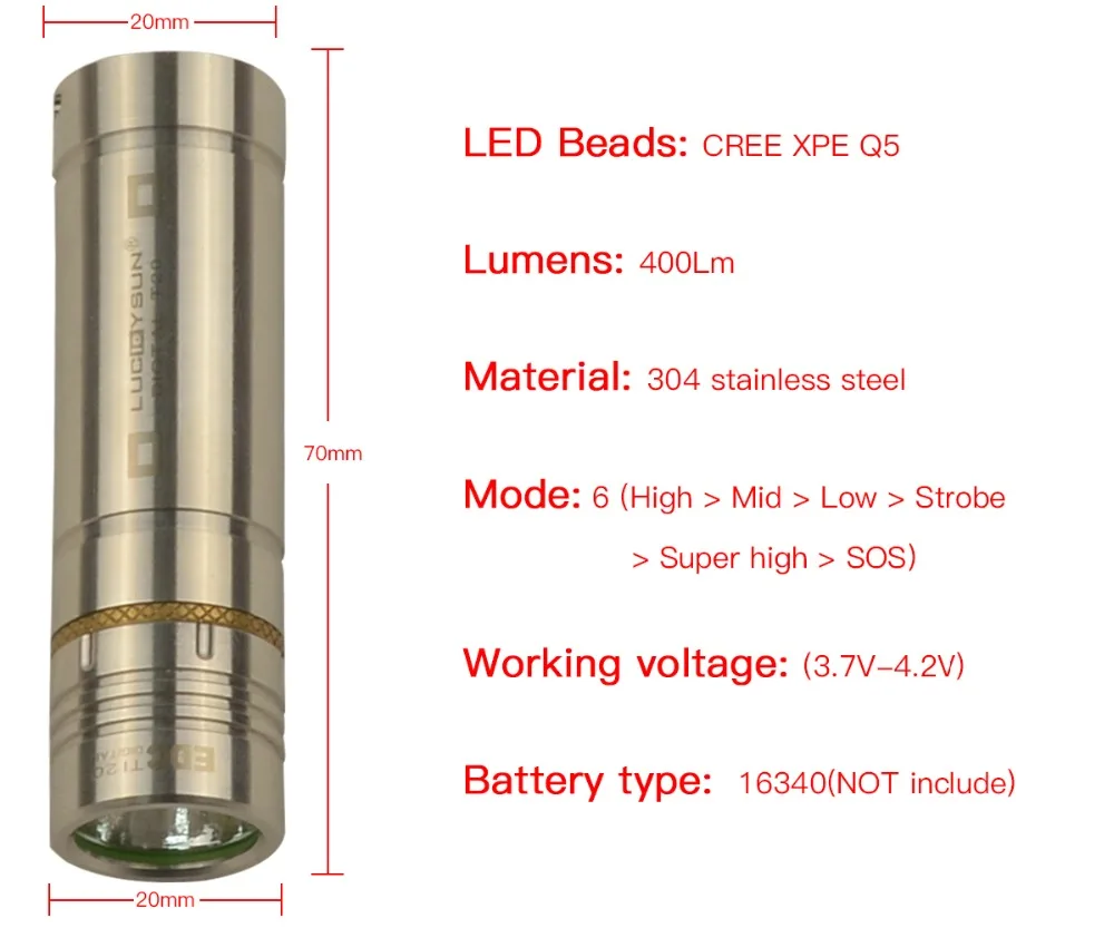 Luckysun мини светодиодный светильник-вспышка из нержавеющей стали светодиодный светильник 16340 CREE фонарь брелок Рождественский светильник s для кемпинга ночной прогулки