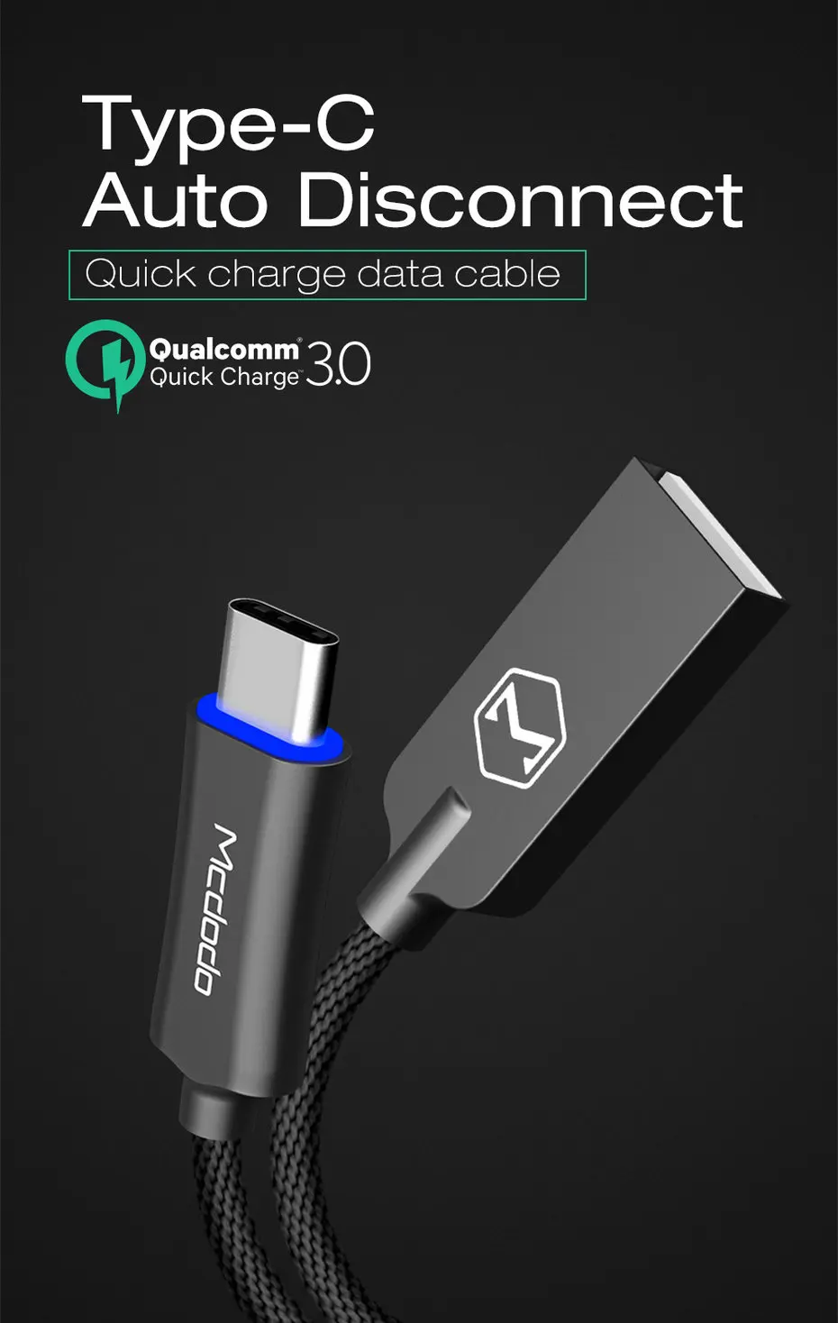 Mcdodo usb type C кабель QC3.0 Быстрая зарядка нейлоновый Плетеный USB C кабель для передачи данных для samsung S8 Xiaomi huawei Oneplus 5t type-c кабель