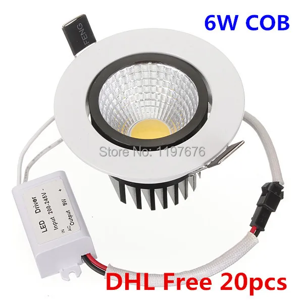 

DHL Free Shipping for 20pcs 6W COB LED Downlight Recessed LED Ceiling Spot Down Light with driver 85-265V Warm / Cold White