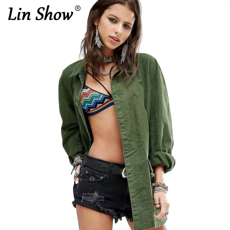 LINSHOW Back Floral Embroidered Women Military Jackets Button Pocket