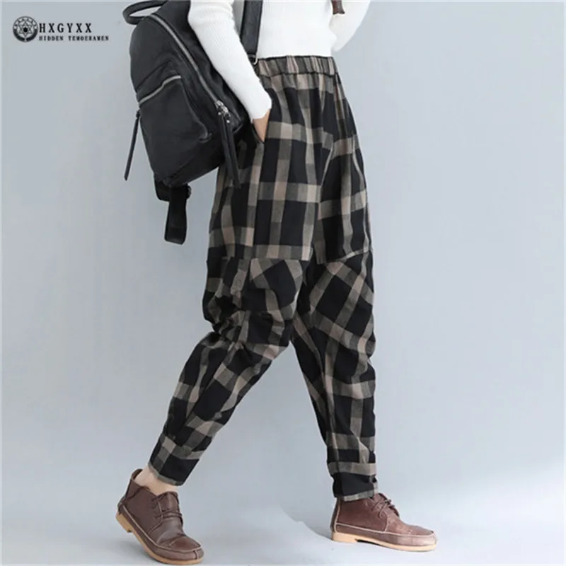 Women Spring summer Plaid Pants Vintage High Waist Female Loose Long Sports Casual Retro Lady Fashion Harem Okd889 | Женская одежда