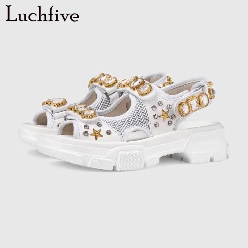 

Fashion Rhinestone Sandals Sexy Rivets Open Toe Platform Shoes Mesh Cloth White Flats Summer Runaway Sandals Women