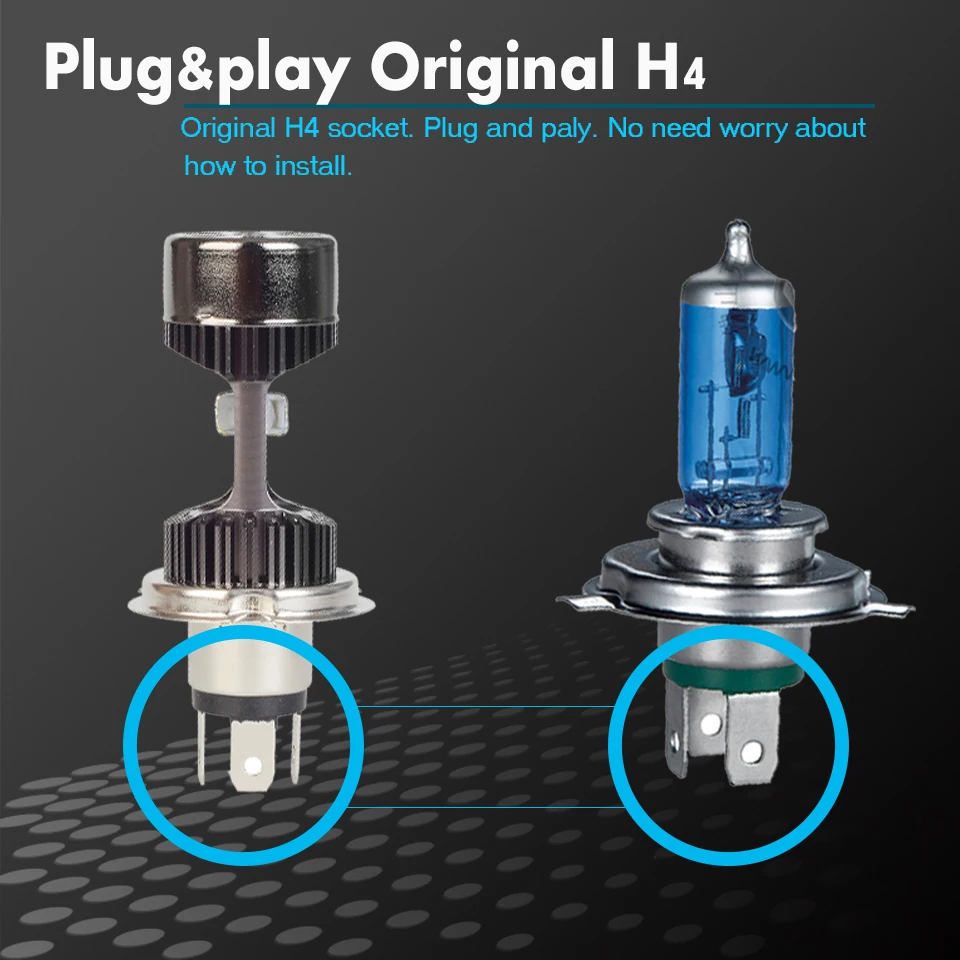 2 Pcs Plug&play 60w 8000lm Super Bright H4 LED Car Headlight Bulb Hi/Lo Arc Dual Beam Standard Auto Headlamp Car Accessories