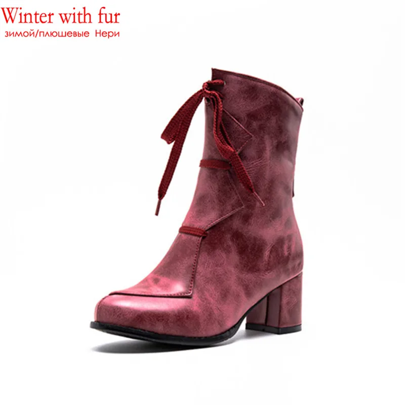 Dark red with fur MORAZORA/Новинка года; женские ботильоны; выразительные ботинки на высоком каблуке; сезон осень-зима; повседневная обувь на молнии со шнуровкой; женские полусапожки - Цвет: Dark red with fur