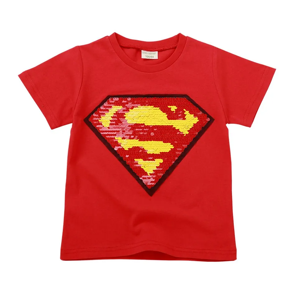 VOGUEON/От 2 до 8 лет, летняя футболка для мальчиков Волшебные двусторонние футболка в блестках, детская повседневная одежда модные футболки с короткими рукавами с изображением Супермена