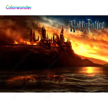 

Fairy Tale World Ancient Brick Castle with Big Fire and Smoke on the Mountain with Clear River 7x5ft Sunset Scenery Backdrops