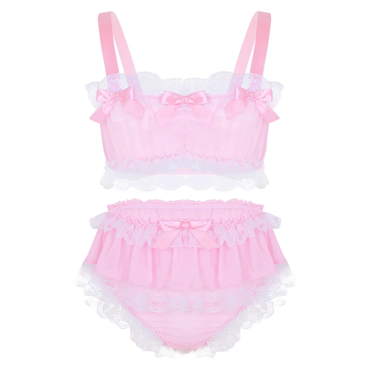 Gay Male Sexy Sissy Set Men Ruffled Lace Chiffon Lingerie Set Sleeveless Crop Top with Skirted Petticoated Panties for Nightwear