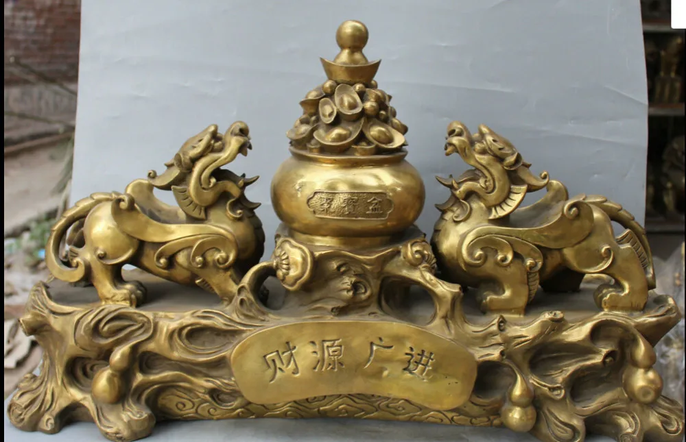 

zhaorui2++ "27" Chinese FengShui Bronze Wealth Treasure bowl Yuanbao PiXiu kylin Pair Statue