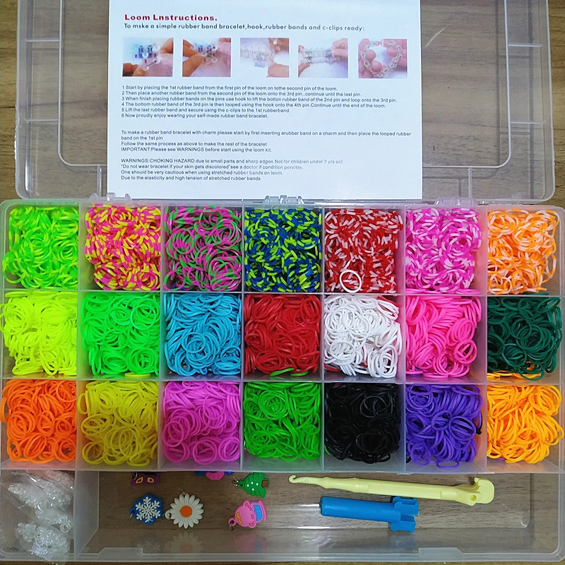 

8400pcs Children Rainbow Elastic bracelet Kits Craft Toy with Weaving Machine Rubber Band Ribbon Knitted Figures Charms Craft