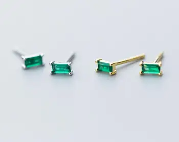 

1pair 3mm*5mm 100% Authentic 925 Sterling silver Geometric Square Rectangle Green Zircon Gold Stud Earrings Fine jEWELRY TLE2199