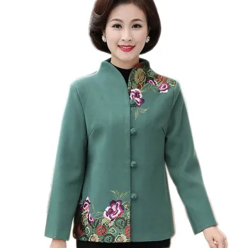 

2018 autumn and winter new jacket plus size fashion buckle embroidery woolen coat temperament Chinese wind women's overcoatYM080