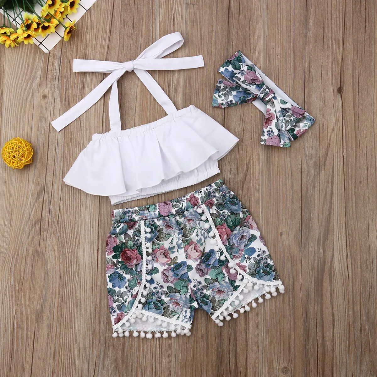 

3Pcs Toddler Kids Baby Girl Clothes Summer Ruffle Tops Crop Floral Shorts Headband Outfits Clothes