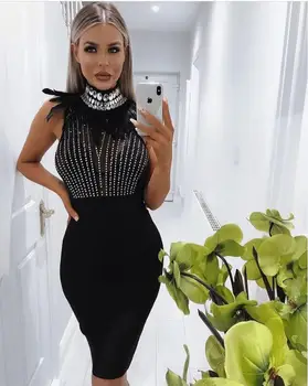 

New Coming Ladies HL Bandage Dress Sleeveless Sexy Turtleneck Bodycon Knee Length Dress Crystal Club Party Dress