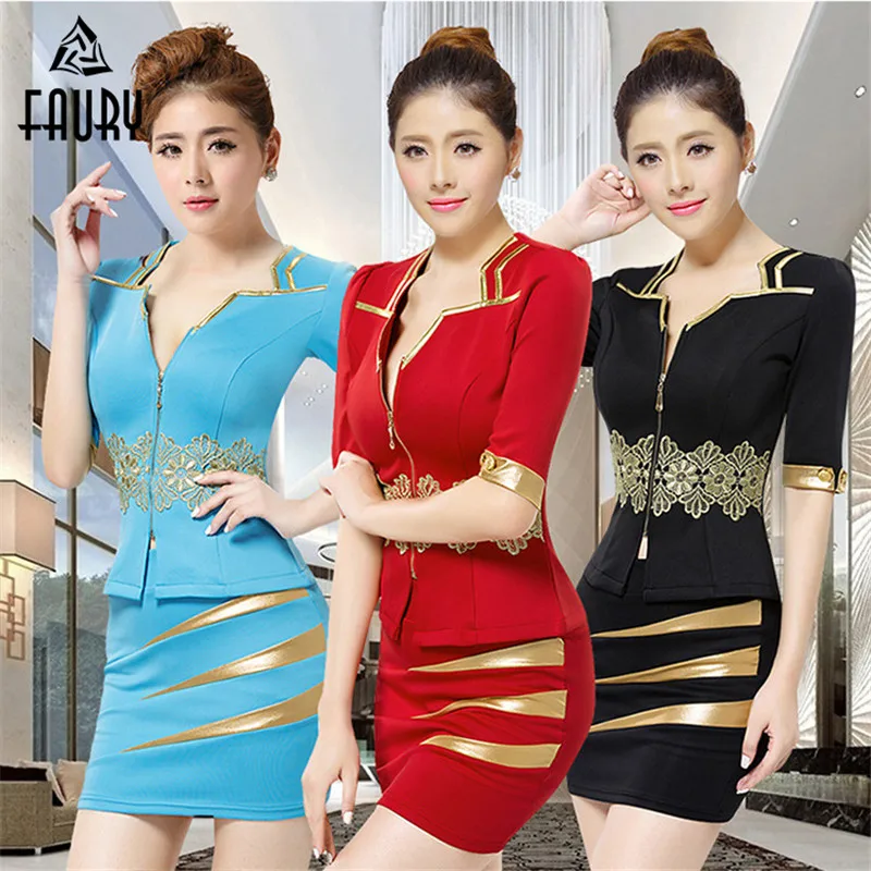 

Women Stewardess Uniforms Beauty Salon Sauna Technicians Workwear Middle Sleeves Nightclubs Professional Short Skirt Suits Set
