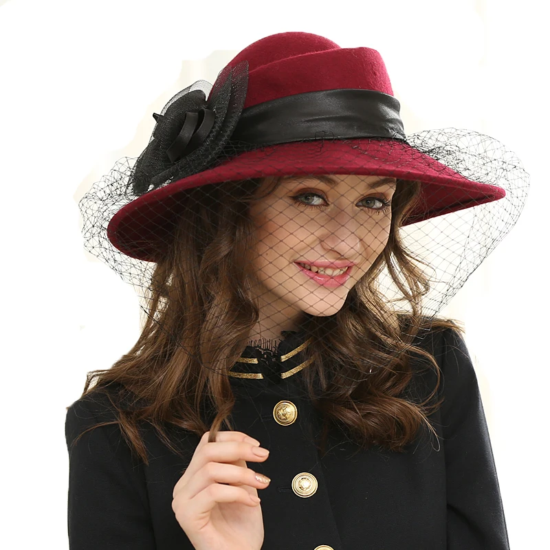 Buy Wide Brim Veil Fedora Hat Wool Felt Jazz Hat