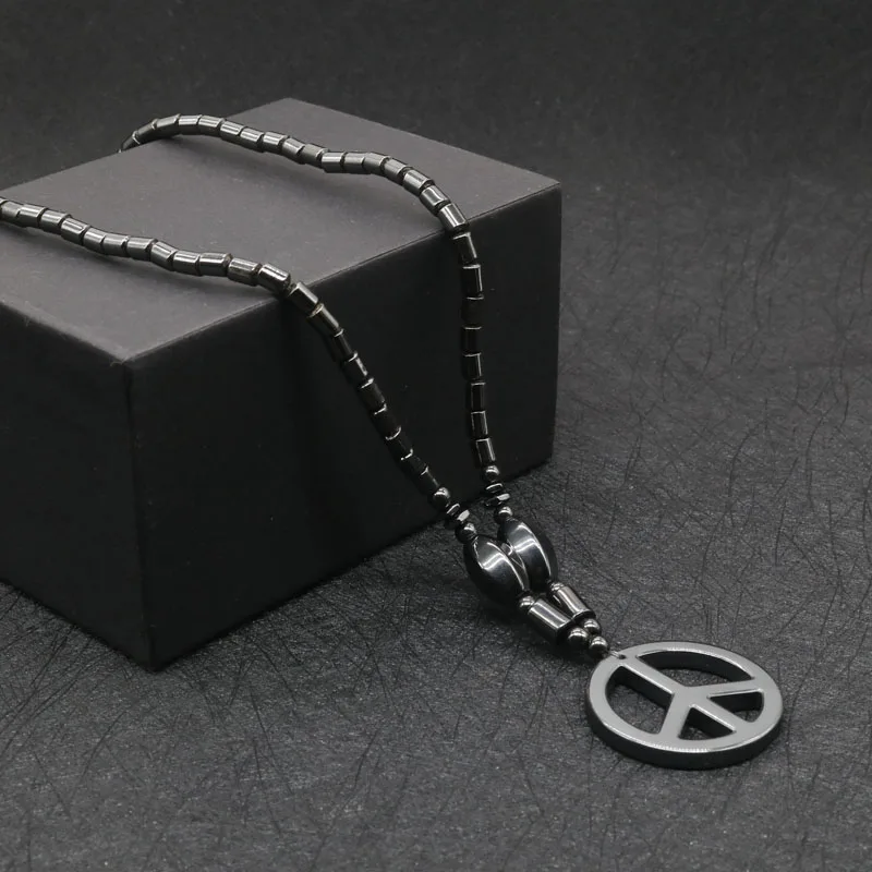 

2019 New Health Energy Healing Therapy Magnetic Hematite Peace Symbol Beaded Necklace for Men and Women Spiritual Jewelry LG3