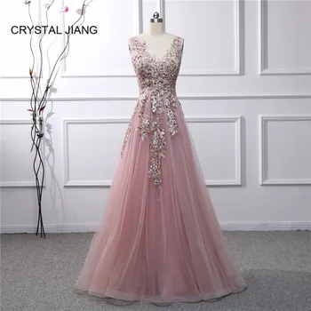

Robe de soiree 2019 New Arrival Sexy V Neck Embroidery Lace Applique Beaded Natural Waist A Line Formal Long Evening Dresses