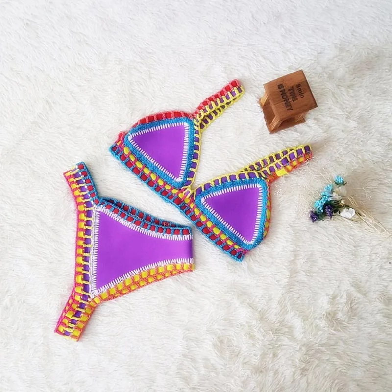 GI FOREVER Bikini Handmade Knit Swimwear Women 2019 Sexy Contrast Color Low Waist Swimsuit Bathing Suit Maillot De Bai