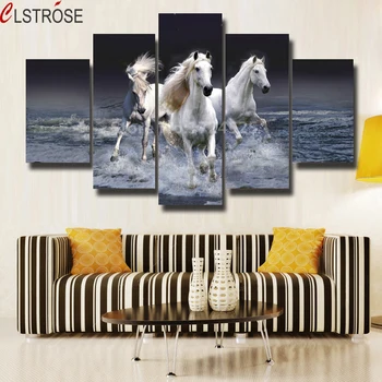 

CLSTROSE 5 Pcs Canvas Study Decoration Canvas Wall Art Painting Theme Seaside The White Horse HD Poster For Living Room Unframed