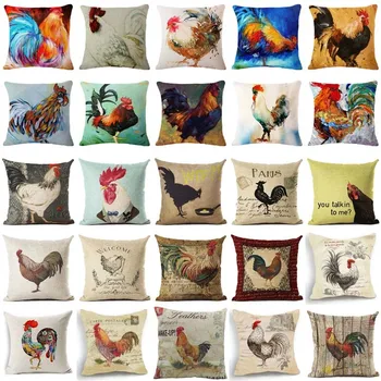 

Vintage Cock Cushion Cover Linen Decorative Pillowcase Chair Seat Square 45x45cm Pillow Cover Home Living Textile Coussin Decor