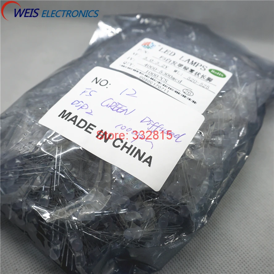 1000 шт. F5 зеленый диффузор DIP-2 длинный штырь 5 мм 520-525NM 3 0-3 2 в 4000-5000MCD настоящий свет