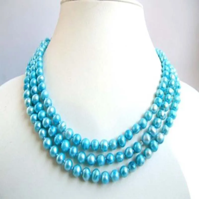 

48" blue near round screw freshwater pearl everyday Opera necklace 6-7mm