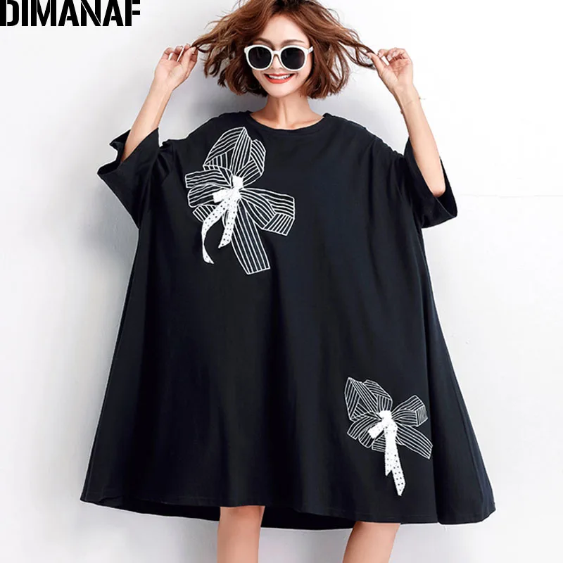 

DIMANAF Summer Women Plus Size Dress Cotton Black Female Vestidos Casual Fashion Big Size Appliques Dress Loose Fit 5XL 6XL 2019