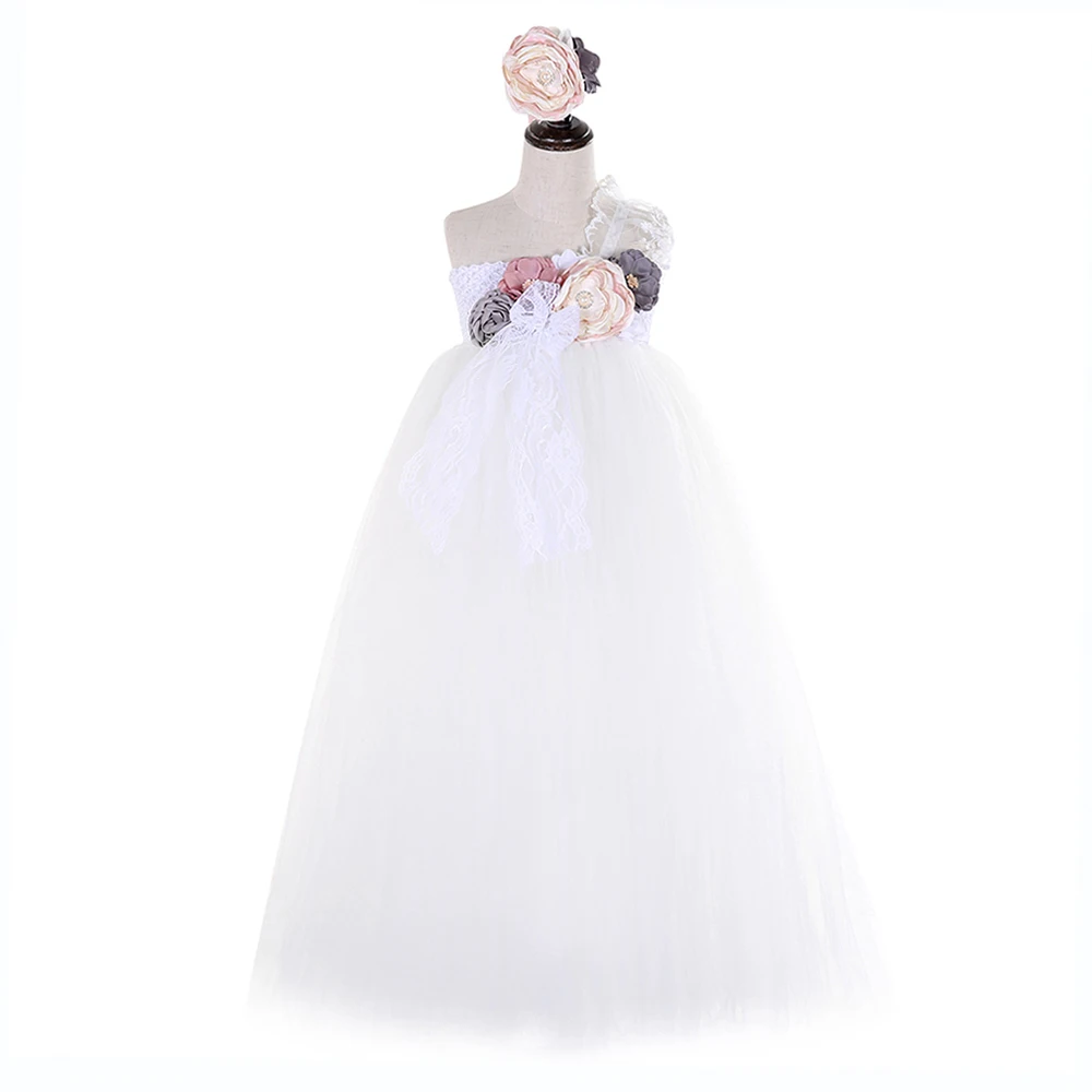 Kids Clothes Spring Tulle Lace One Shoulder Ankle Length Girls Dresses Age 13 White Flower Girls Wedding Tutu Dress Baby Frock (1)