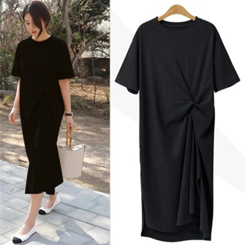 

High Quality New Summer Fashion Loose Short Sleeve Pleated Round Neck Irregular Dress Solid Casual Streetwear Dress