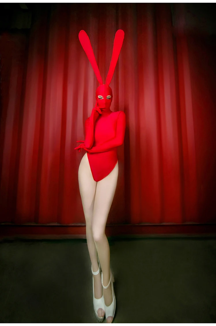 Sexy Dance Bunny Girl Red Bodysuit Costume Night Club Cosplay Clothing Fancy High Ears Rabbit Role Playing Uniform for Women