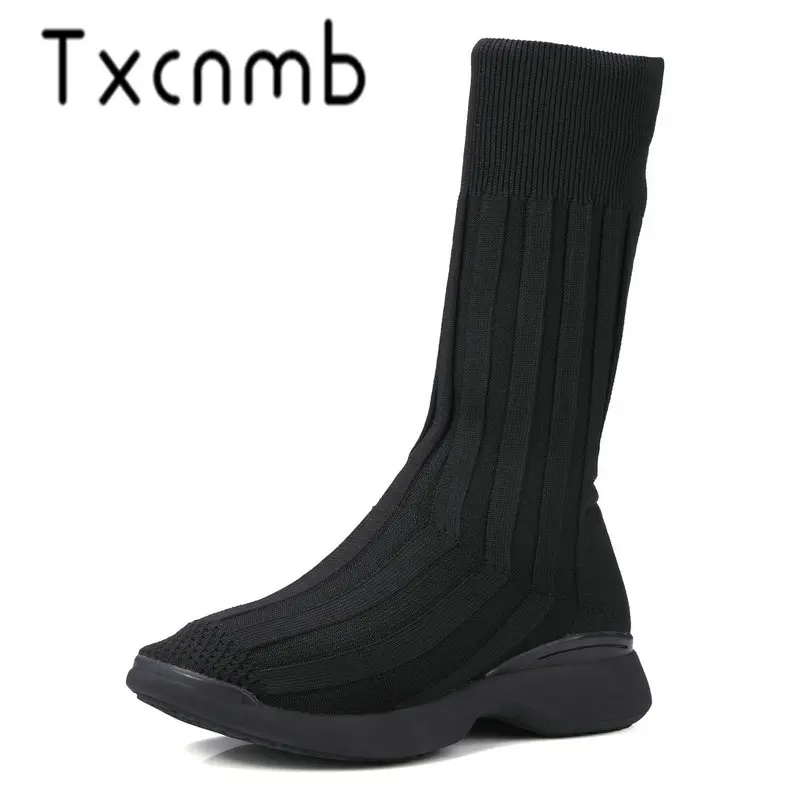 

TXCNMB Boots Women Low Heeled Boots Round Toe Autumn Winter Long Socks Boots Female Warm Ladies Shoes Woman